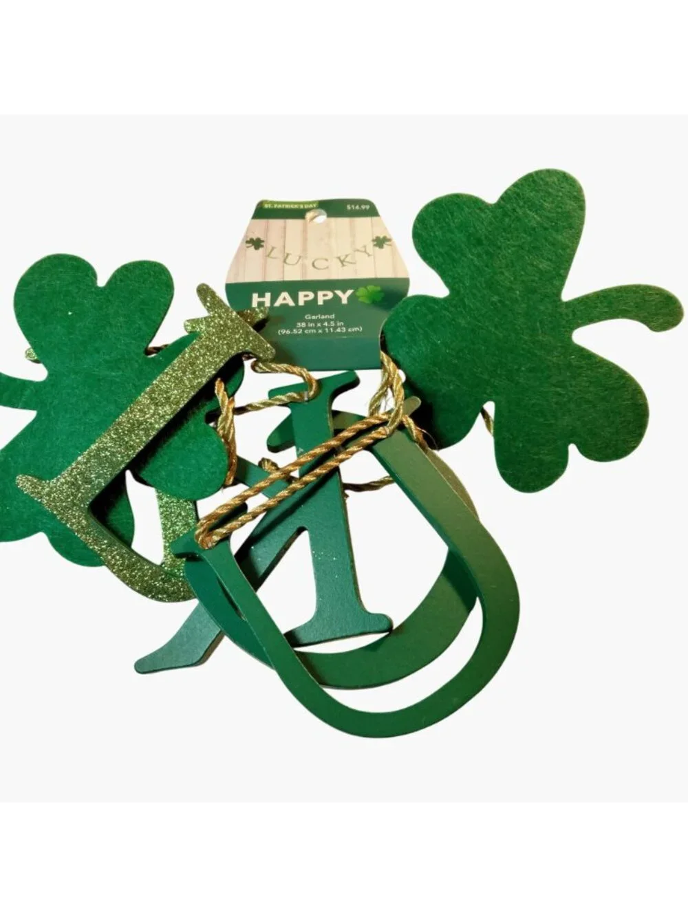 Lucky St Patricks Day Garland 38 In Green Glitter Shamrocks Luck of Irish